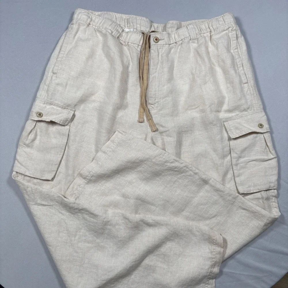 Tommy Bahama 100% Linen Cargo Pants Mens XXL Beige Relax Drawstring Waist